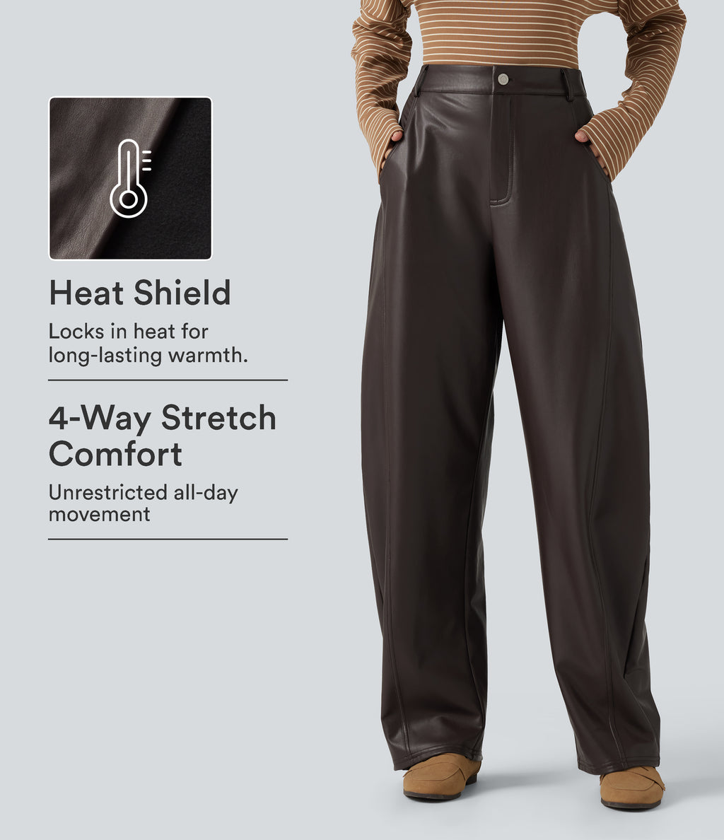 High Waisted Barrel Leg Stretchy PU Fleece Casual Trousers with Pockets — Hot Fudge — view 1