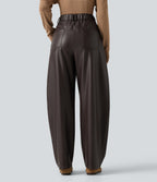 High Waisted Barrel Leg Stretchy PU Fleece Casual Trousers with Pockets — Hot Fudge — view 2