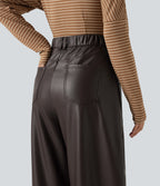 High Waisted Barrel Leg Stretchy PU Fleece Casual Trousers with Pockets — Hot Fudge — view 4
