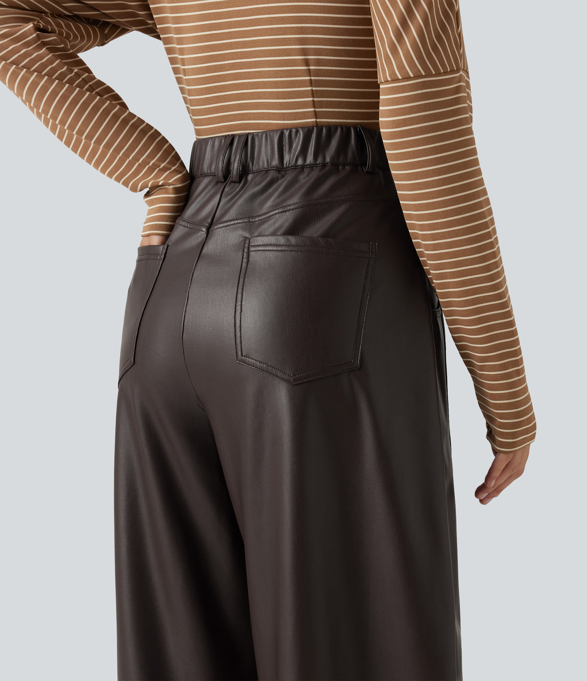 High Waisted Barrel Leg Stretchy PU Fleece Casual Trousers with Pockets — Hot Fudge — view 4
