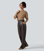 High Waisted Barrel Leg Stretchy PU Fleece Casual Trousers with Pockets — Hot Fudge — view 6