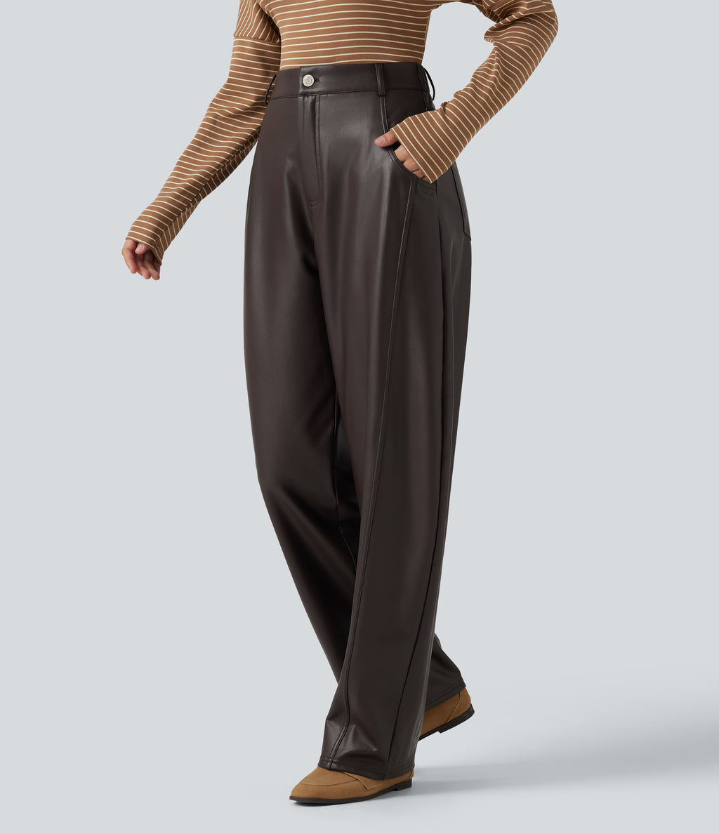 High Waisted Barrel Leg Stretchy PU Fleece Casual Trousers with Pockets — Hot Fudge — view 3