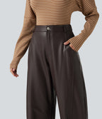 High Waisted Barrel Leg Stretchy PU Fleece Casual Trousers with Pockets — Hot Fudge — view 5