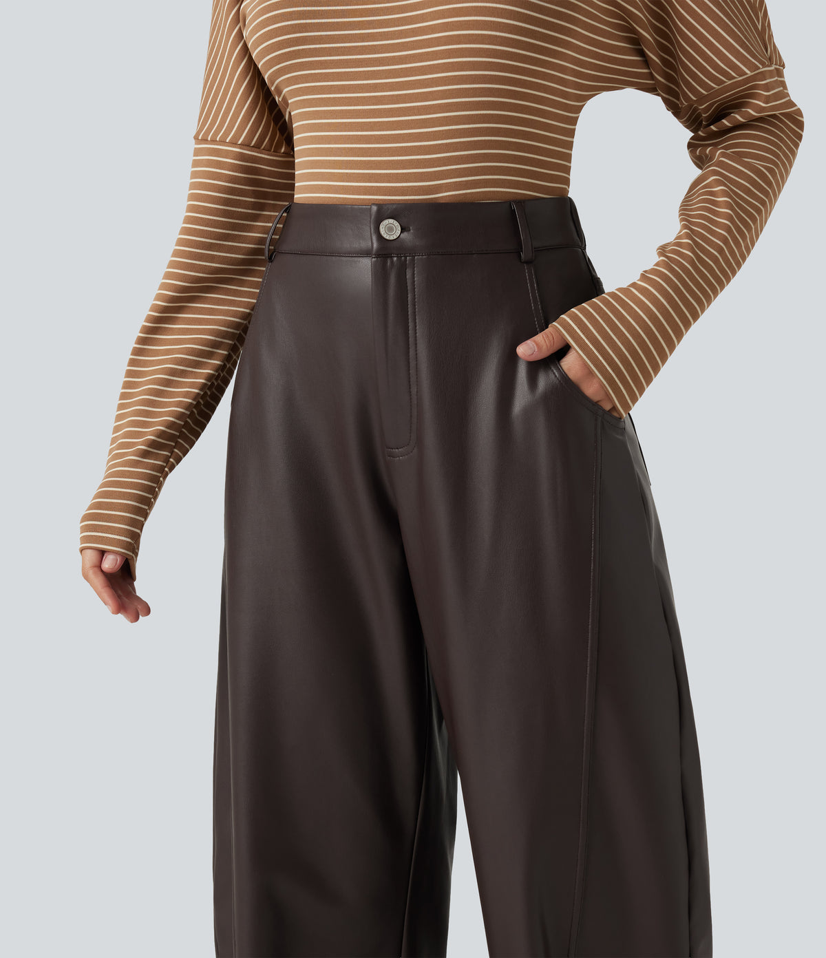 High Waisted Barrel Leg Stretchy PU Fleece Casual Trousers with Pockets — Hot Fudge — view 5