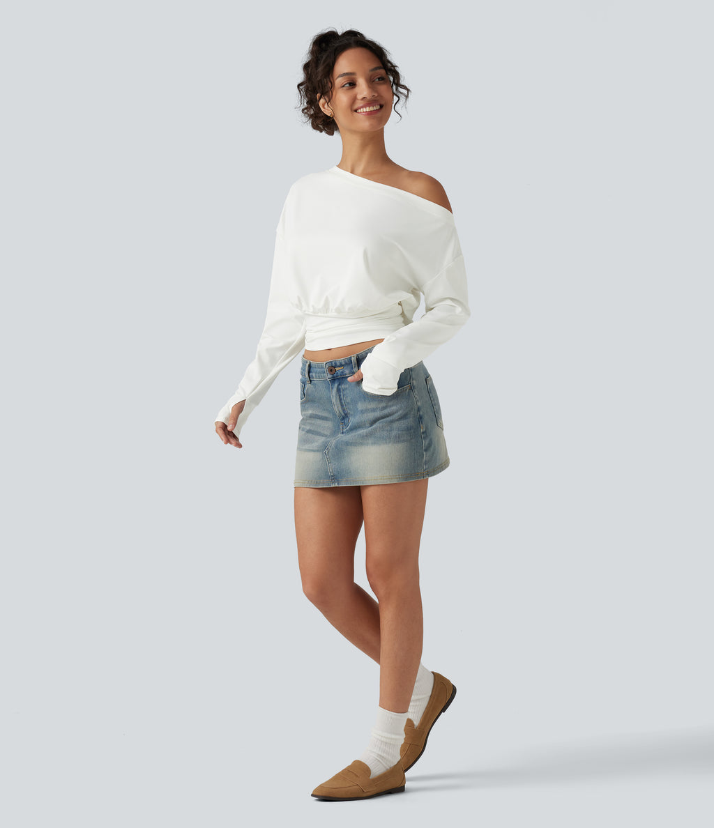 One Shoulder Ruched Long Sleeve Thumb Hole Casual Top — White — view 8