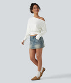 One Shoulder Ruched Long Sleeve Thumb Hole Casual Top — White — view 8
