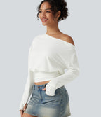 One Shoulder Ruched Long Sleeve Thumb Hole Casual Top — White — view 1