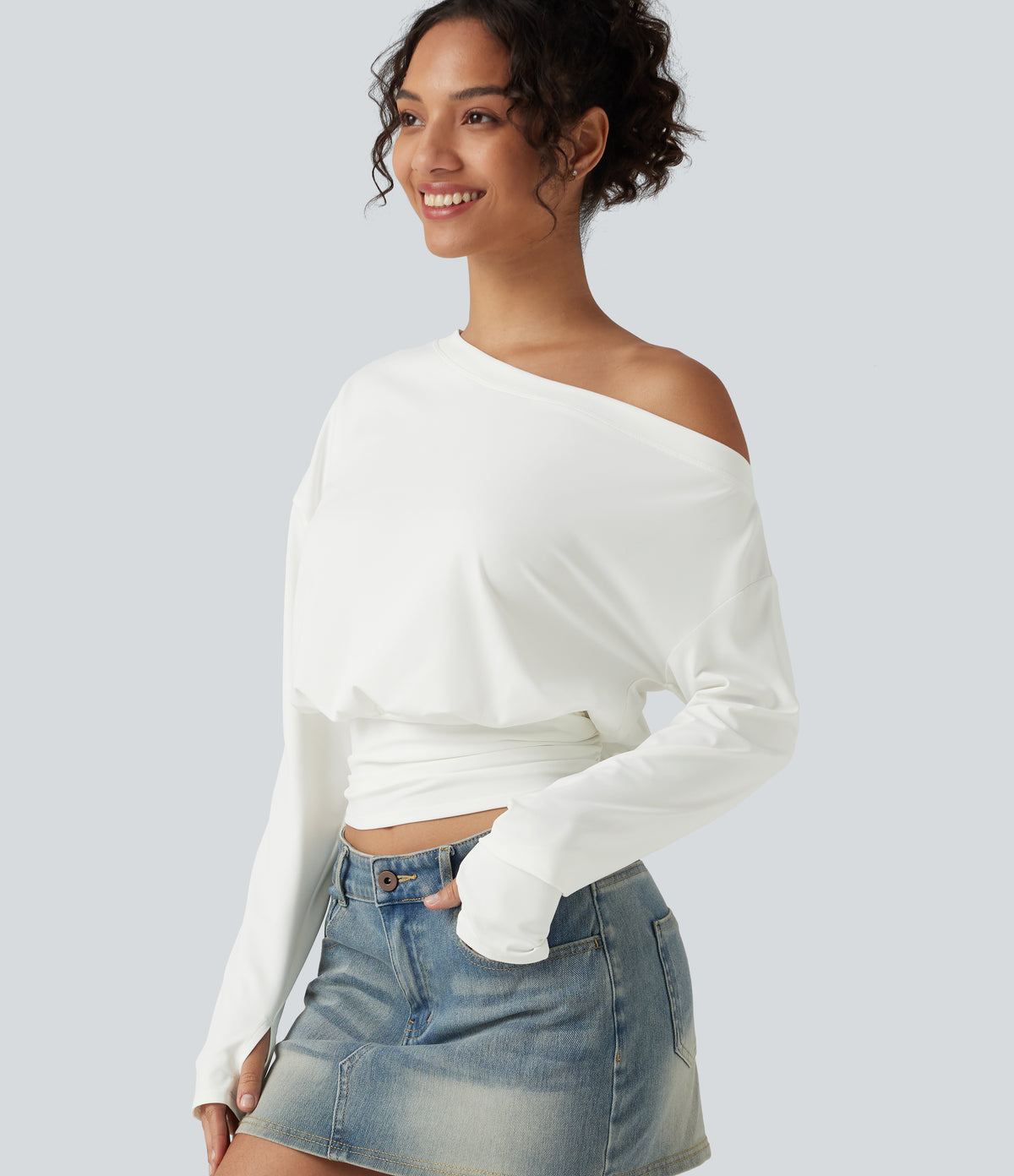 One Shoulder Ruched Long Sleeve Thumb Hole Casual Top — White — view 1