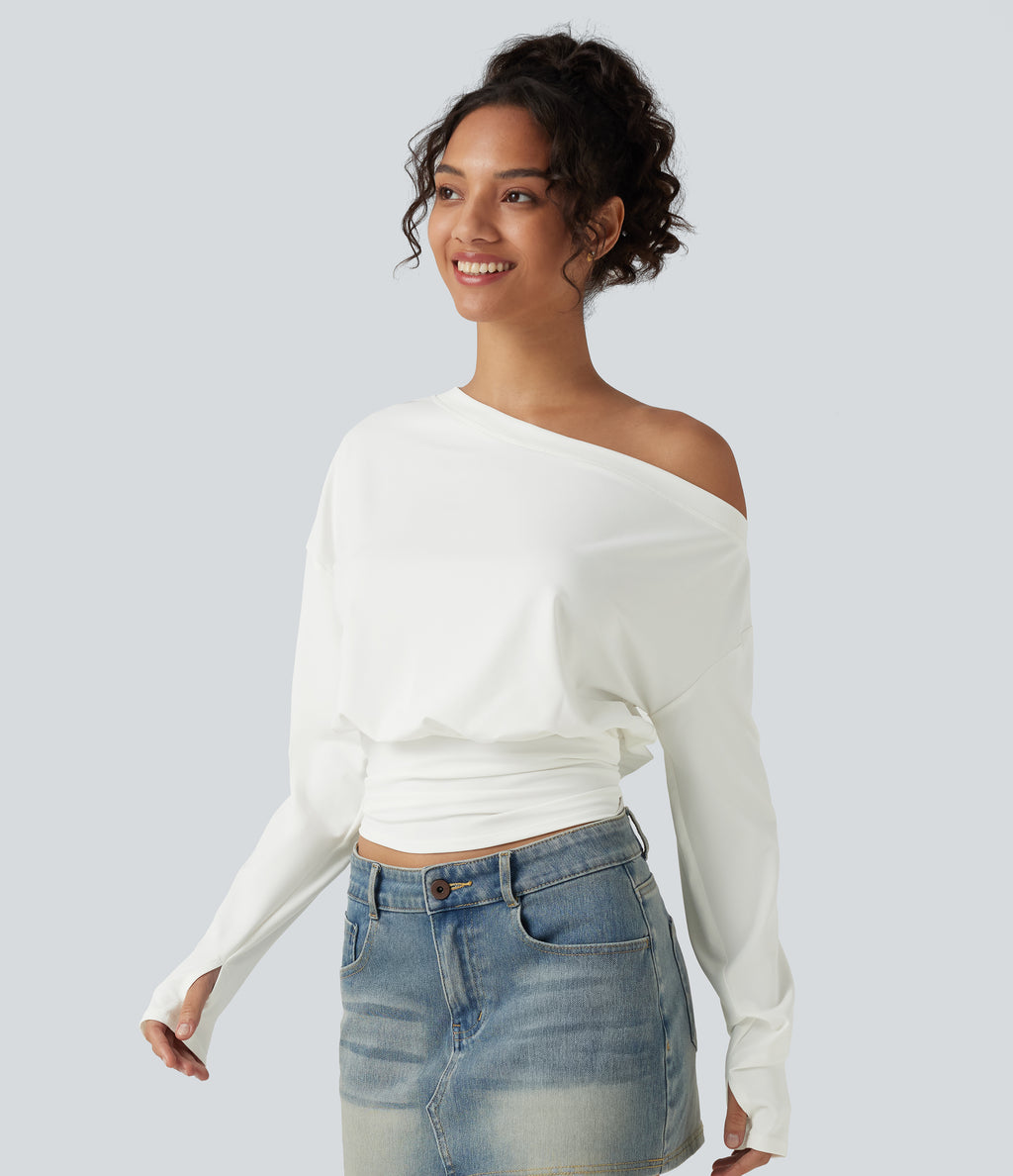 One Shoulder Ruched Long Sleeve Thumb Hole Casual Top — White — view 4