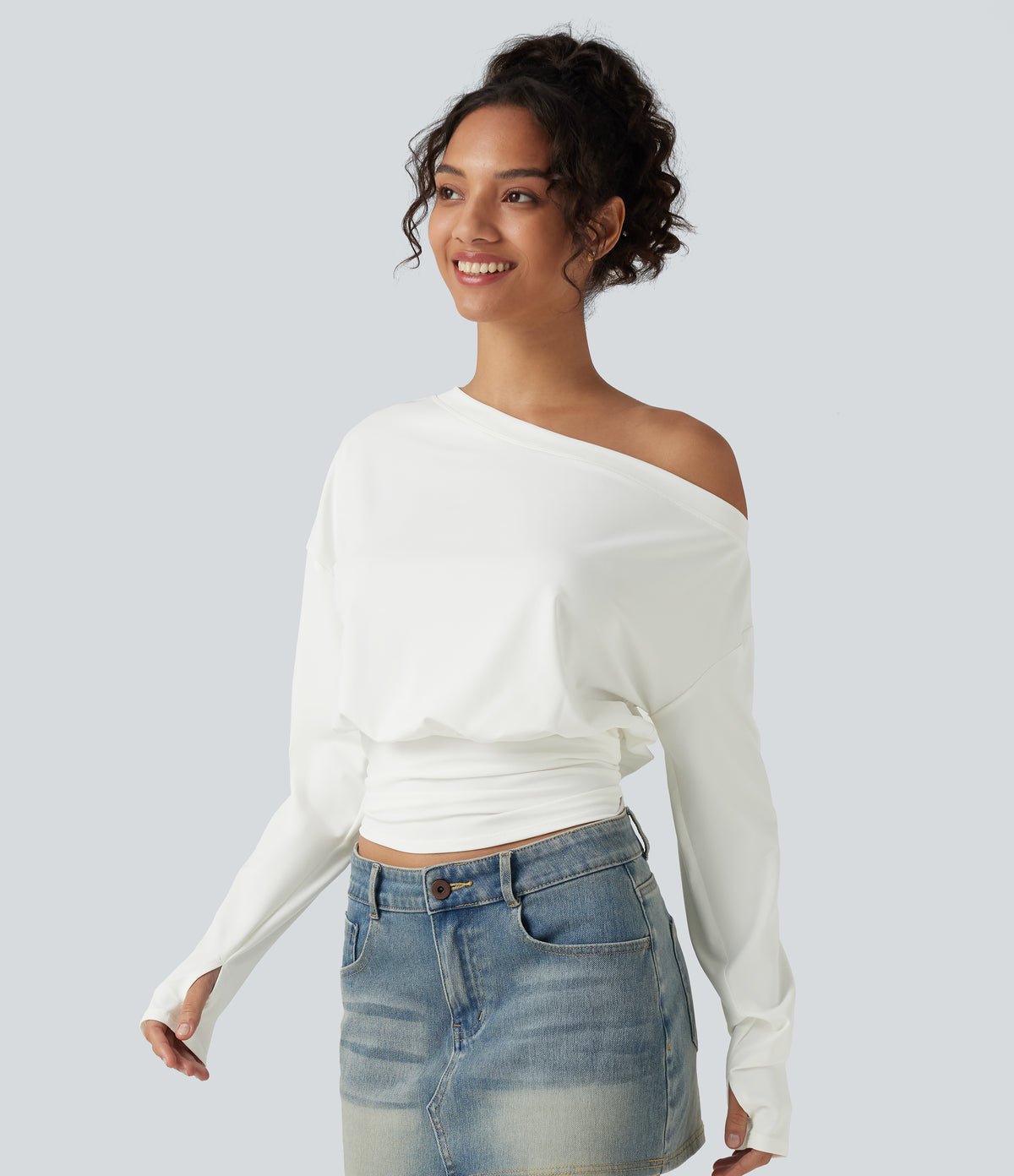 One Shoulder Ruched Long Sleeve Thumb Hole Casual Top — White — view 4