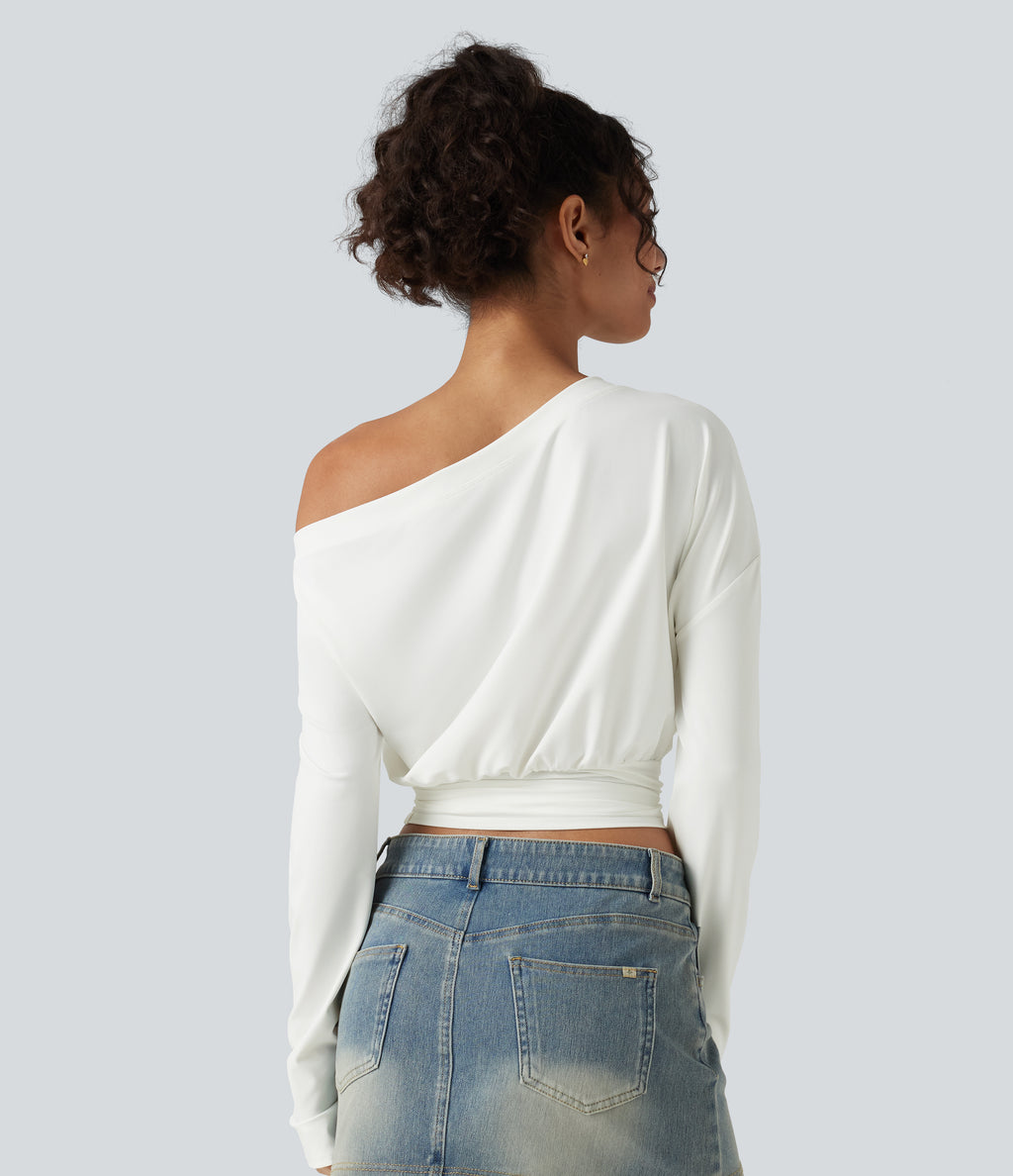 One Shoulder Ruched Long Sleeve Thumb Hole Casual Top — White — view 2