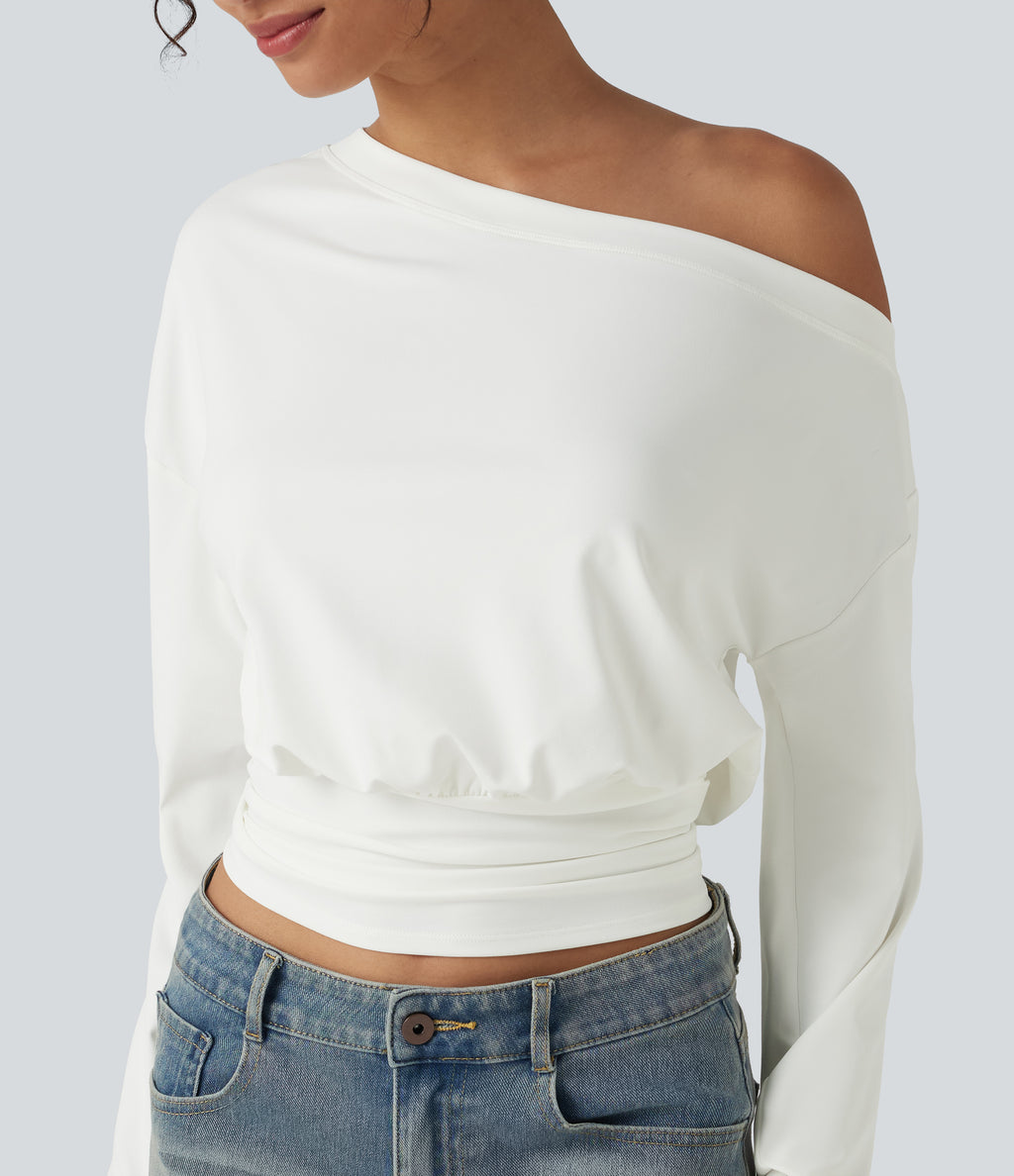One Shoulder Ruched Long Sleeve Thumb Hole Casual Top — White — view 5