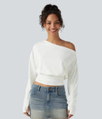 One Shoulder Ruched Long Sleeve Thumb Hole Casual Top — White — view 3