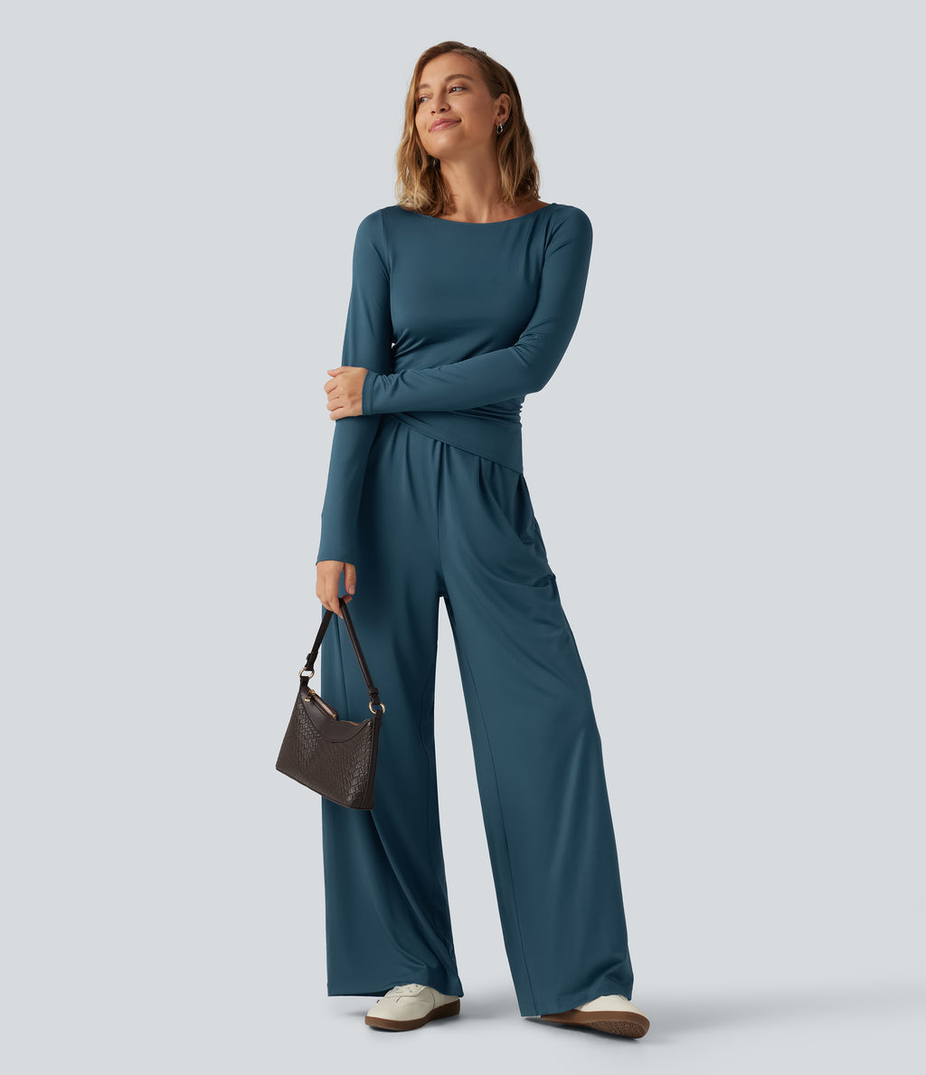 Boat Neck Long Sleeve Wide Leg Ruched Casual Jumpsuit with Pockets-Edition — Balsam — view 7