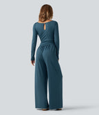 Boat Neck Long Sleeve Wide Leg Ruched Casual Jumpsuit with Pockets-Edition — Balsam — view 2
