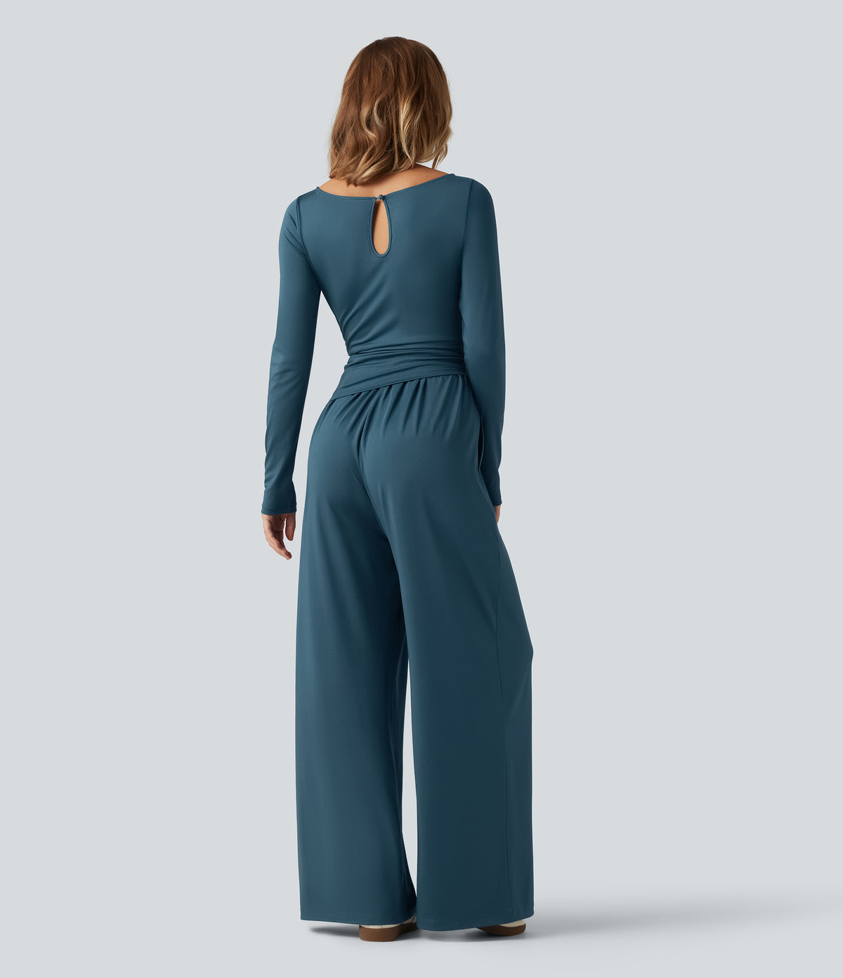 Boat Neck Long Sleeve Wide Leg Ruched Casual Jumpsuit with Pockets-Edition — Balsam — view 2