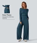 Boat Neck Long Sleeve Wide Leg Ruched Casual Jumpsuit with Pockets-Edition — Balsam — view 1