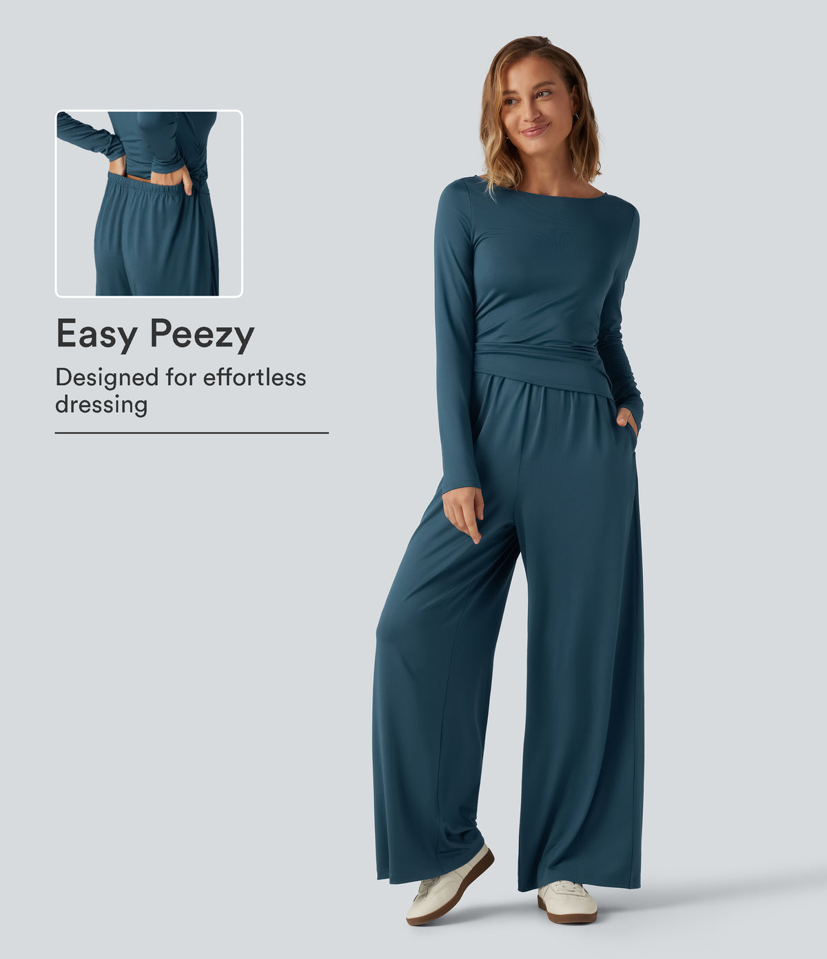Boat Neck Long Sleeve Wide Leg Ruched Casual Jumpsuit with Pockets-Edition — Balsam — view 1