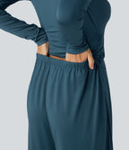 Boat Neck Long Sleeve Wide Leg Ruched Casual Jumpsuit with Pockets-Edition — Balsam — view 4