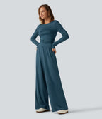 Boat Neck Long Sleeve Wide Leg Ruched Casual Jumpsuit with Pockets-Edition — Balsam — view 3