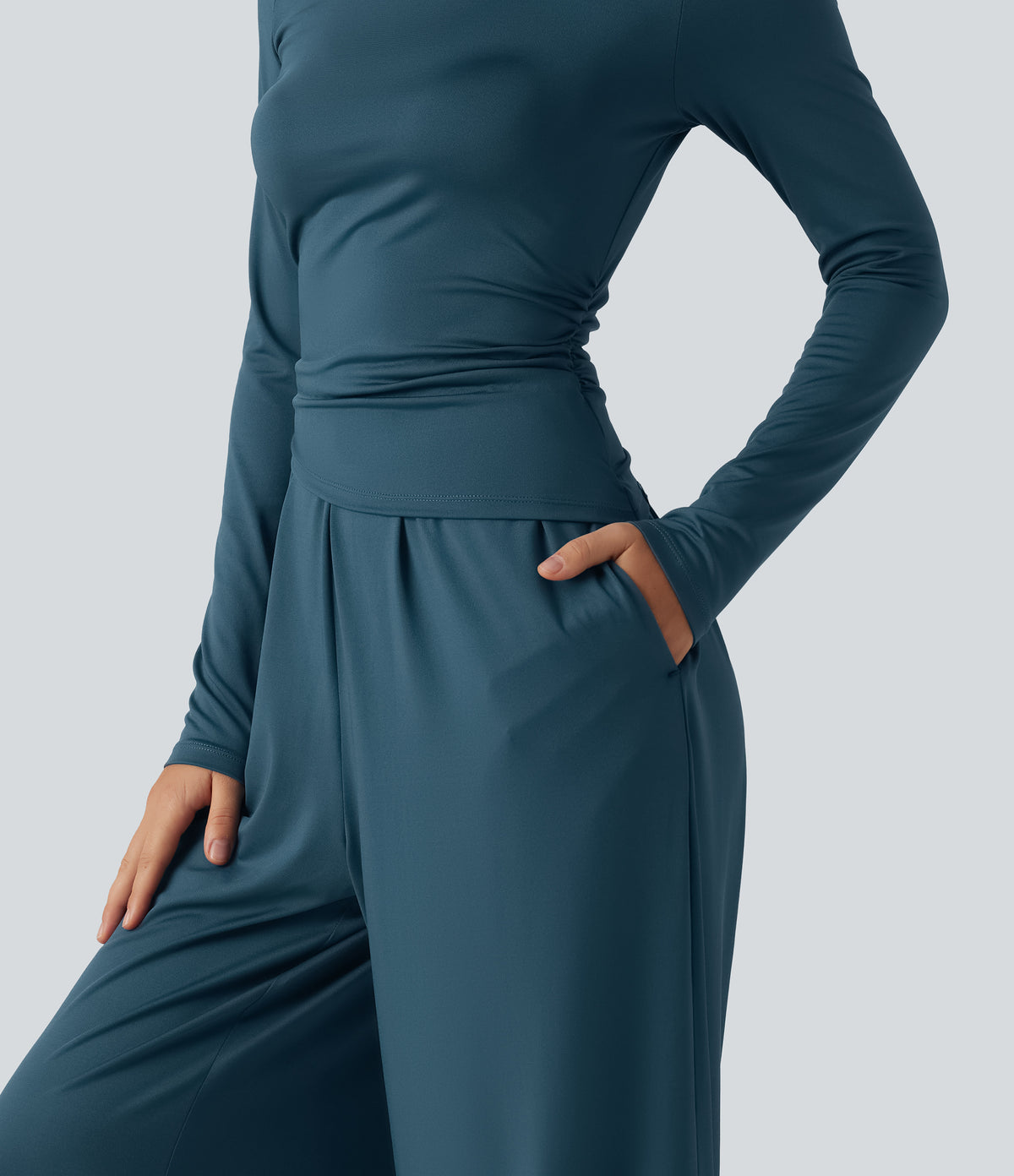 Boat Neck Long Sleeve Wide Leg Ruched Casual Jumpsuit with Pockets-Edition — Balsam — view 5