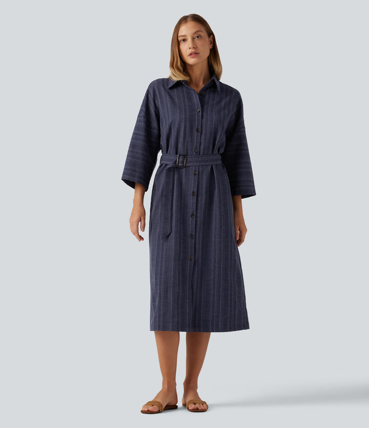 V Neck Long Sleeve Belted Stripe Midi Casual Linen-Feel Shirt Dress with Pockets — Blue Foundry — view 1