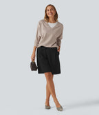 Ribbed V Neck Batwing Long Sleeve Casual Top — Oatstone Beige — view 6