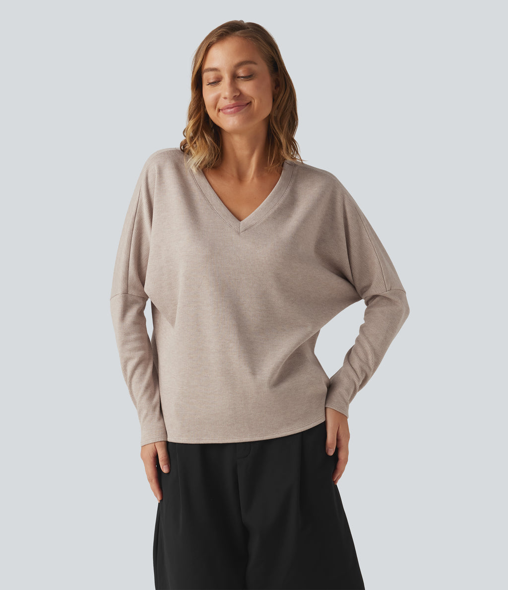 Ribbed V Neck Batwing Long Sleeve Casual Top — Oatstone Beige — view 4