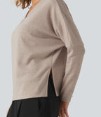 Ribbed V Neck Batwing Long Sleeve Casual Top — Oatstone Beige — view 5