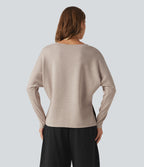 Ribbed V Neck Batwing Long Sleeve Casual Top — Oatstone Beige — view 2