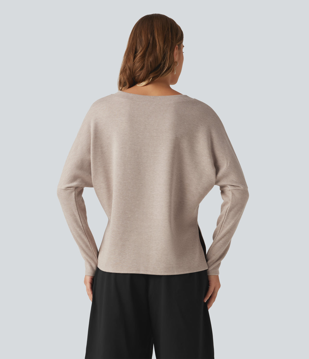 Ribbed V Neck Batwing Long Sleeve Casual Top — Oatstone Beige — view 2