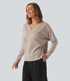 Ribbed V Neck Batwing Long Sleeve Casual Top — Oatstone Beige — view 3