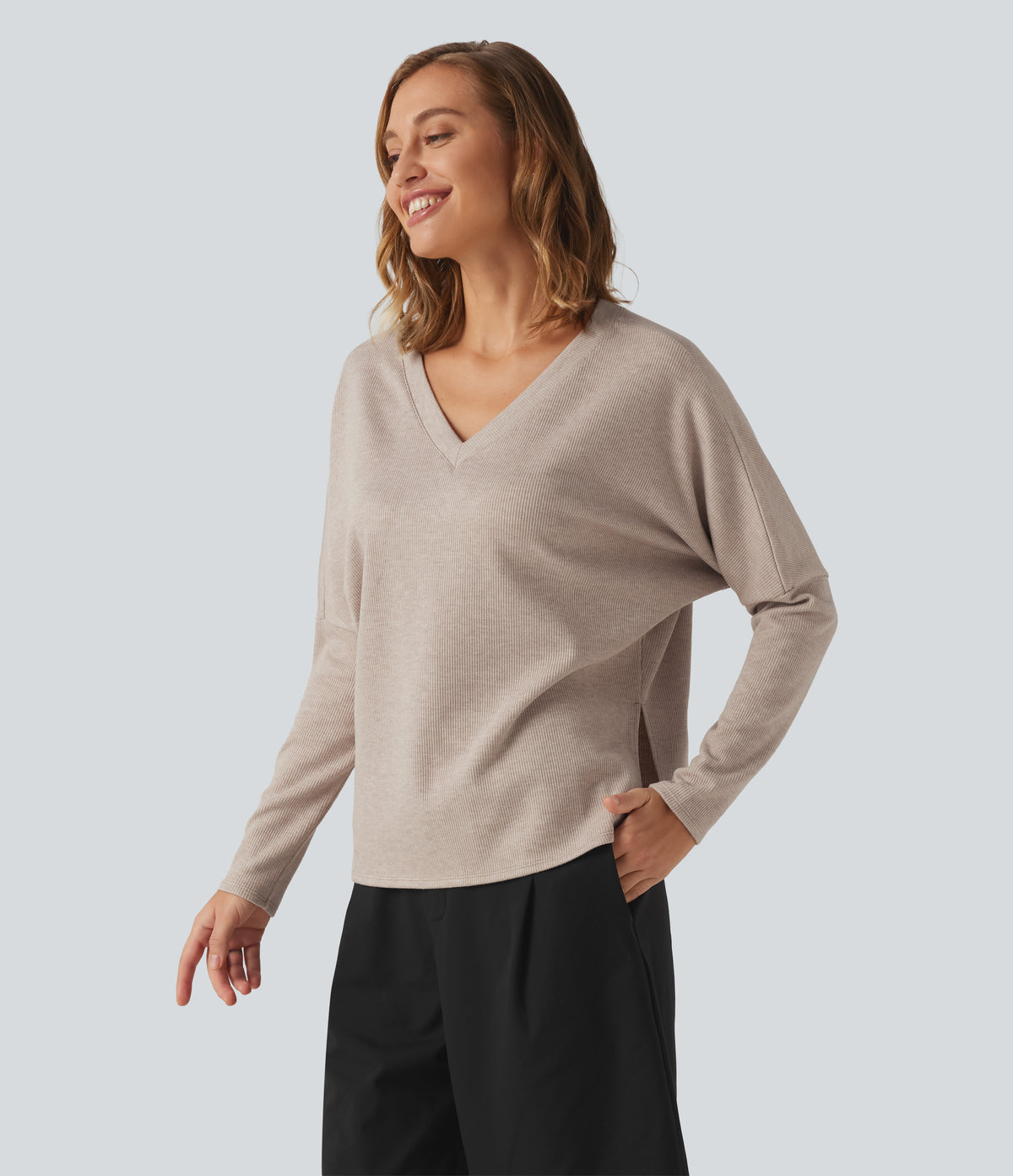 Ribbed V Neck Batwing Long Sleeve Casual Top — Oatstone Beige — view 3