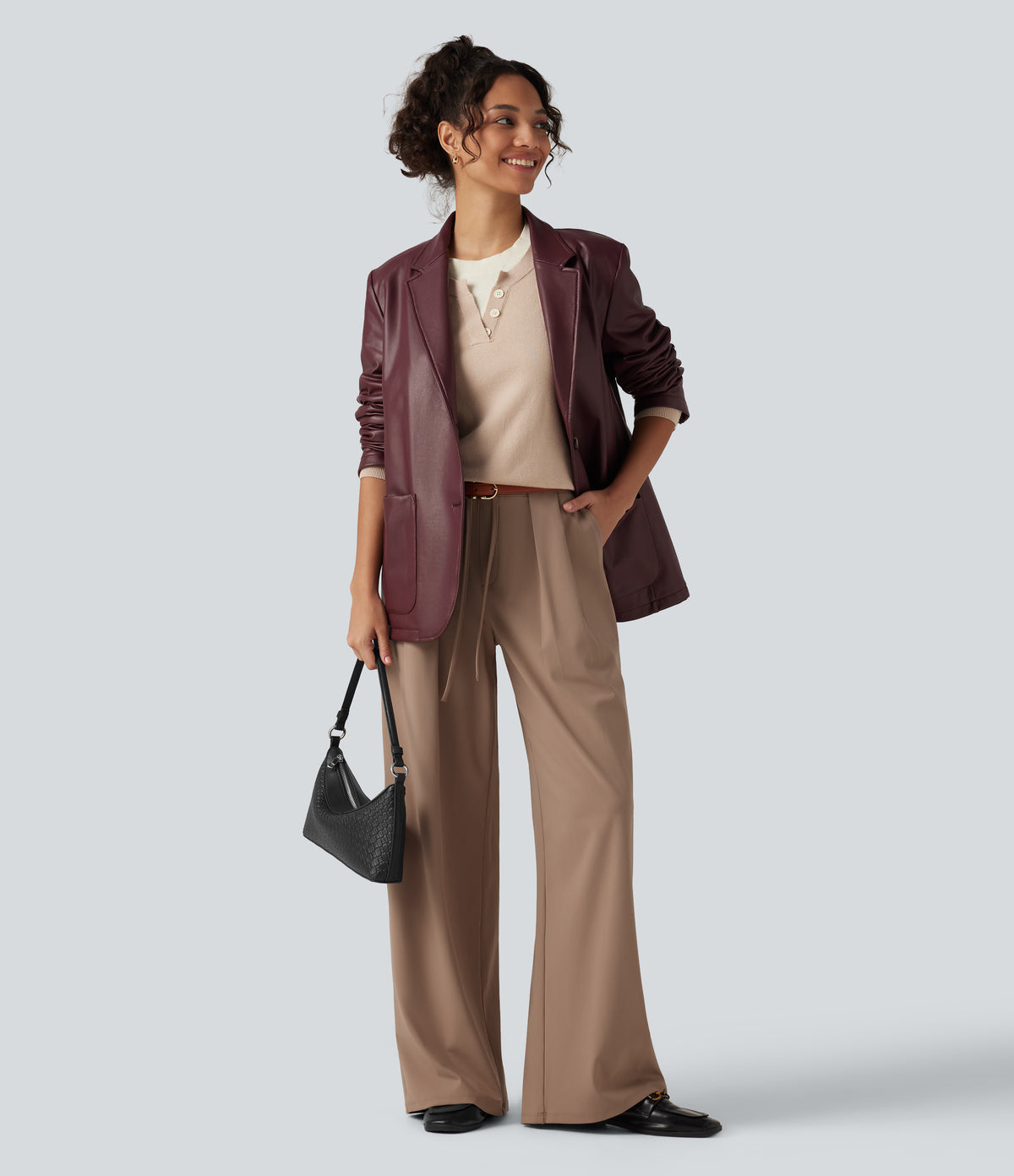 Mid Rise Drawstring Wide Leg Work Trousers with Pockets — Burro — view 8