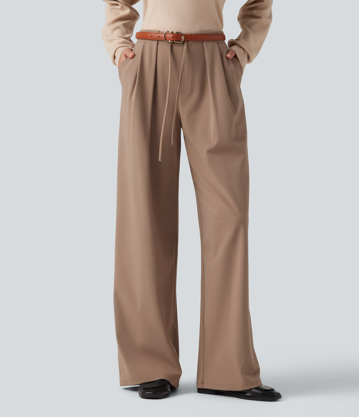 Mid Rise Drawstring Wide Leg Work Trousers with Pockets — Burro — view 1