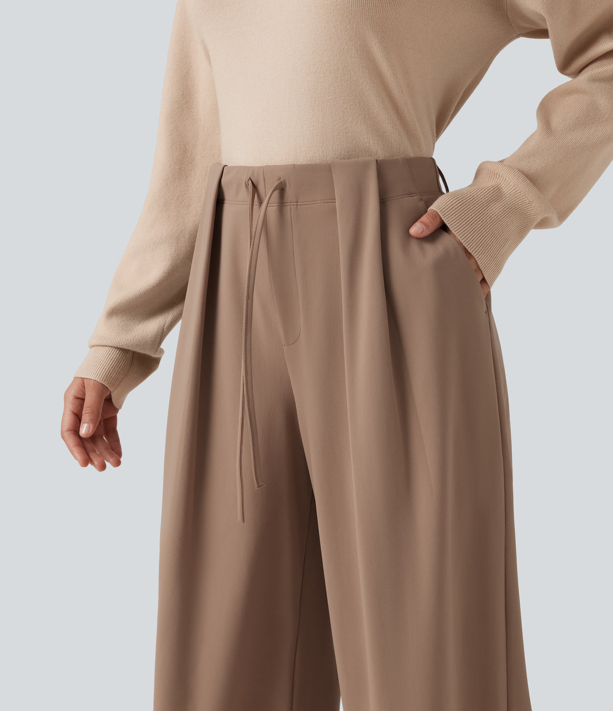 Mid Rise Drawstring Wide Leg Work Trousers with Pockets — Burro — view 6