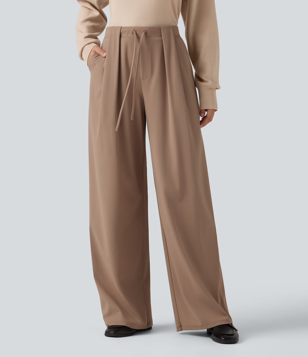Mid Rise Drawstring Wide Leg Work Trousers with Pockets — Burro — view 4