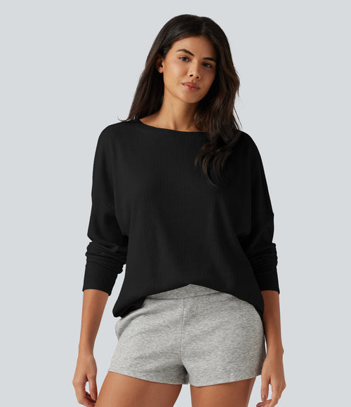 Boat Neck Batwing Long Sleeve Ruched Waffle Lounging Top — Black — view 2