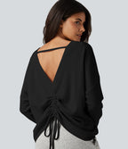 Boat Neck Batwing Long Sleeve Ruched Waffle Lounging Top — Black — view 1