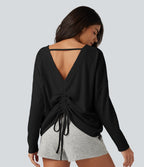 Boat Neck Batwing Long Sleeve Ruched Waffle Lounging Top — Black — view 4