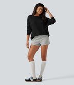 Boat Neck Batwing Long Sleeve Ruched Waffle Lounging Top — Black — view 5