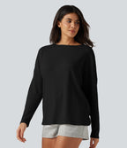 Boat Neck Batwing Long Sleeve Ruched Waffle Lounging Top — Black — view 3