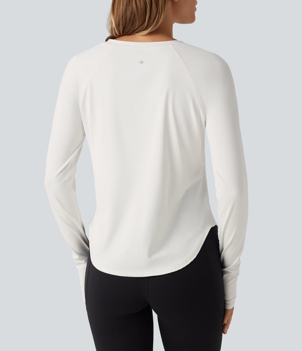 QuickDry Round Neck Long Sleeve Contrast Mesh Thumb Hole Running Sports Top — White — view 5