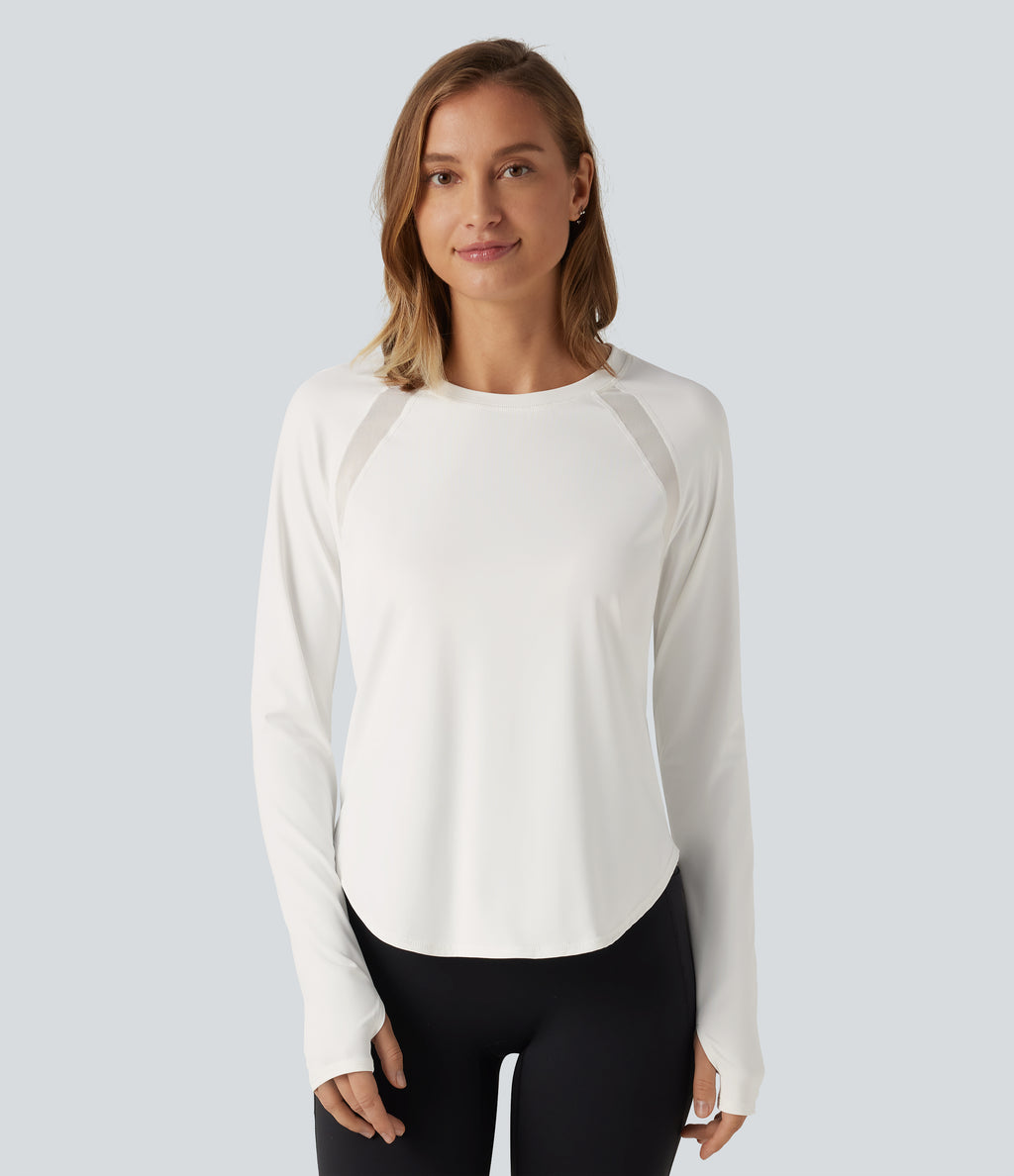 QuickDry Round Neck Long Sleeve Contrast Mesh Thumb Hole Running Sports Top — White — view 4