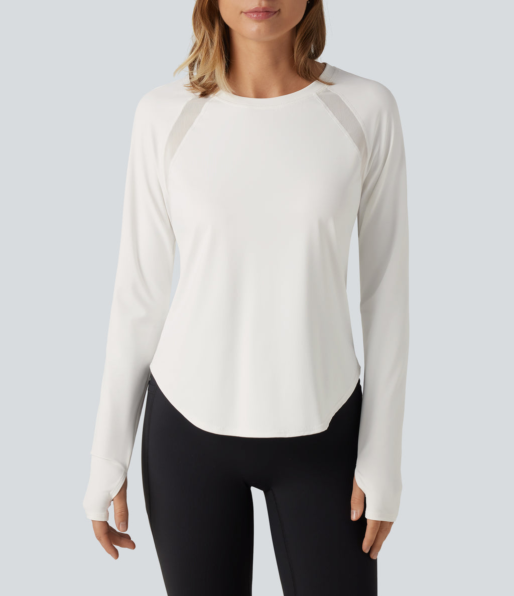 QuickDry Round Neck Long Sleeve Contrast Mesh Thumb Hole Running Sports Top — White — view 6