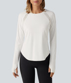 QuickDry Round Neck Long Sleeve Contrast Mesh Thumb Hole Running Sports Top — White — view 6