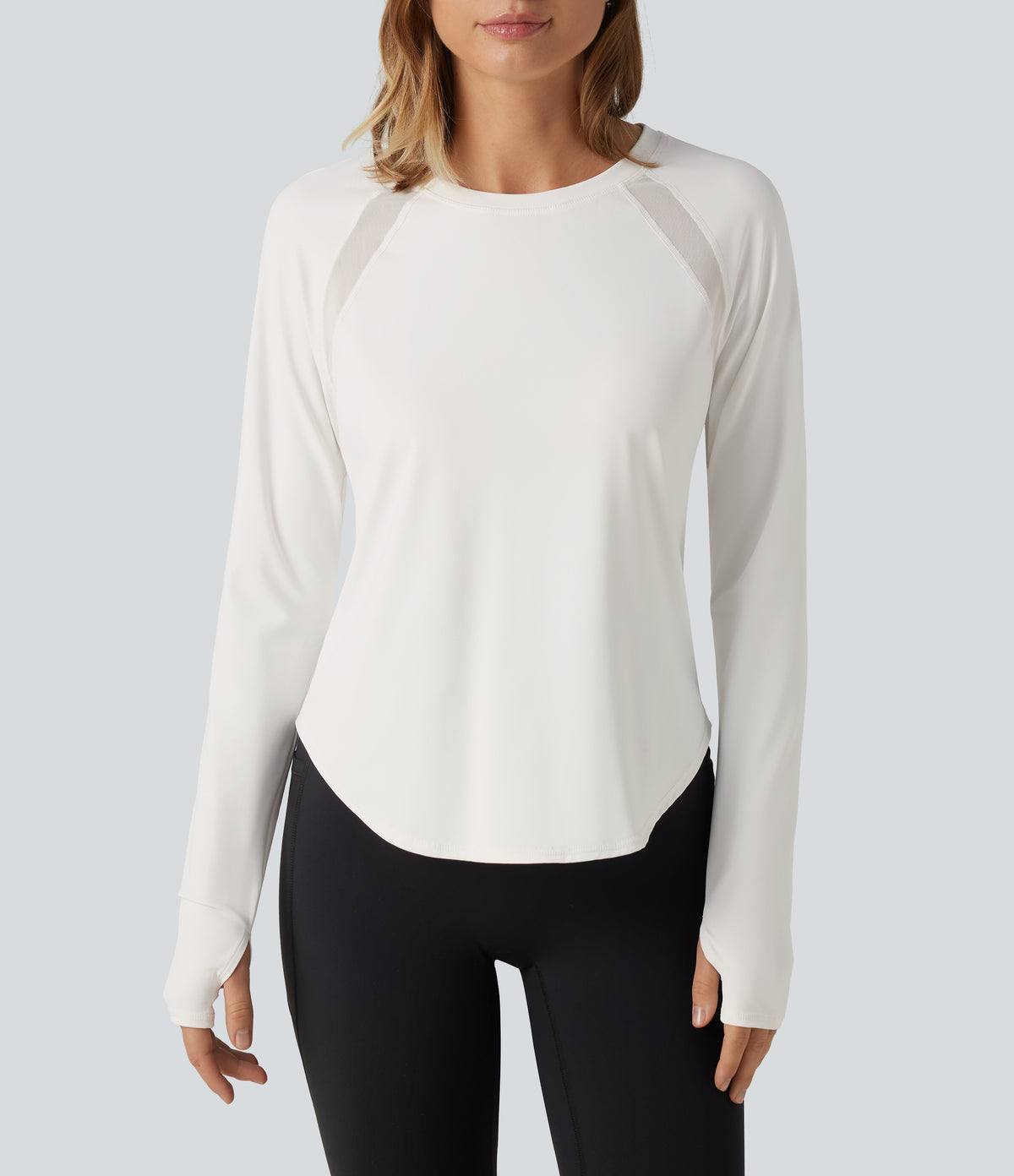 QuickDry Round Neck Long Sleeve Contrast Mesh Thumb Hole Running Sports Top — White — view 6