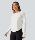 QuickDry Round Neck Long Sleeve Contrast Mesh Thumb Hole Running Sports Top — White — view 3