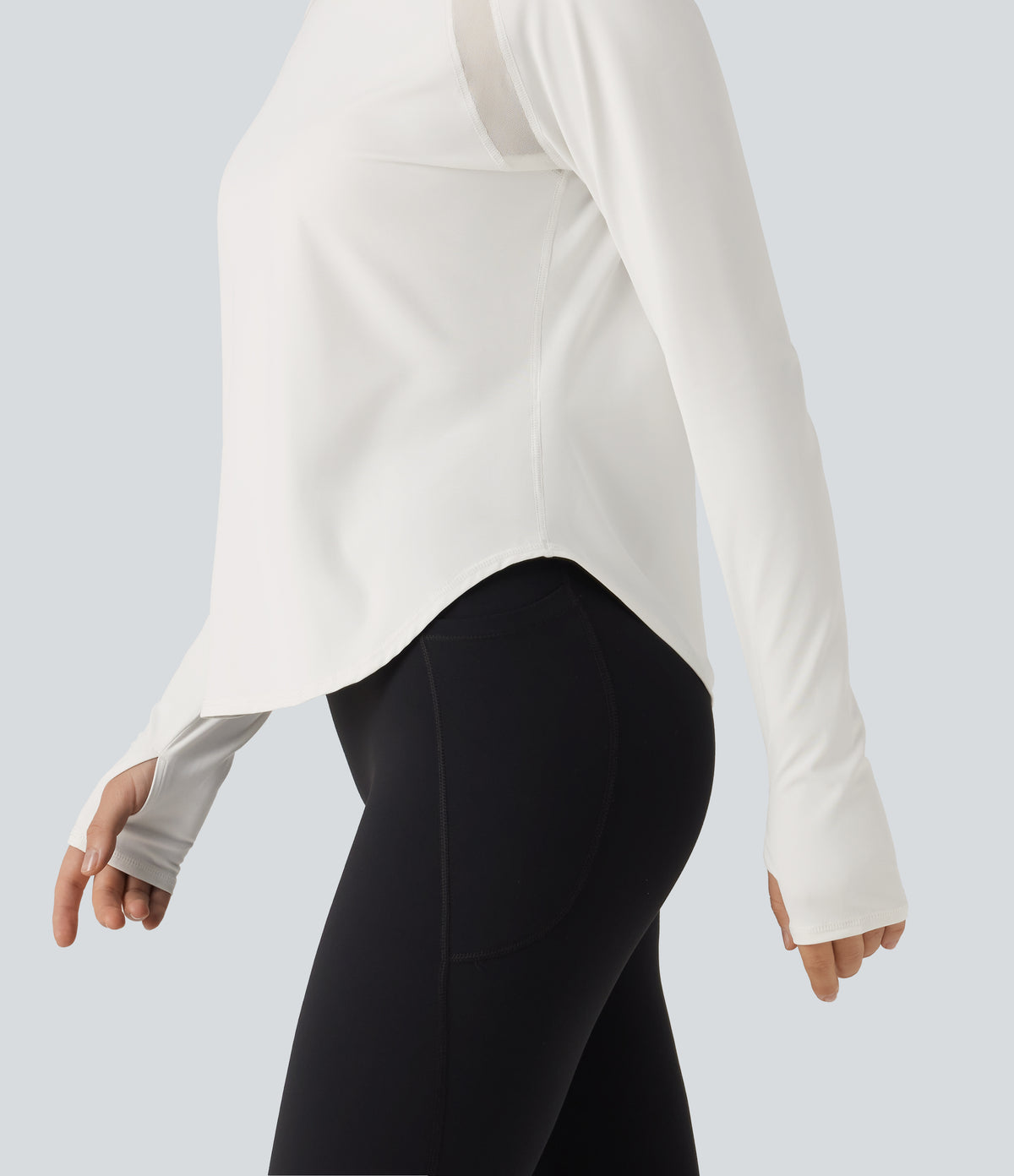 QuickDry Round Neck Long Sleeve Contrast Mesh Thumb Hole Running Sports Top — White — view 7