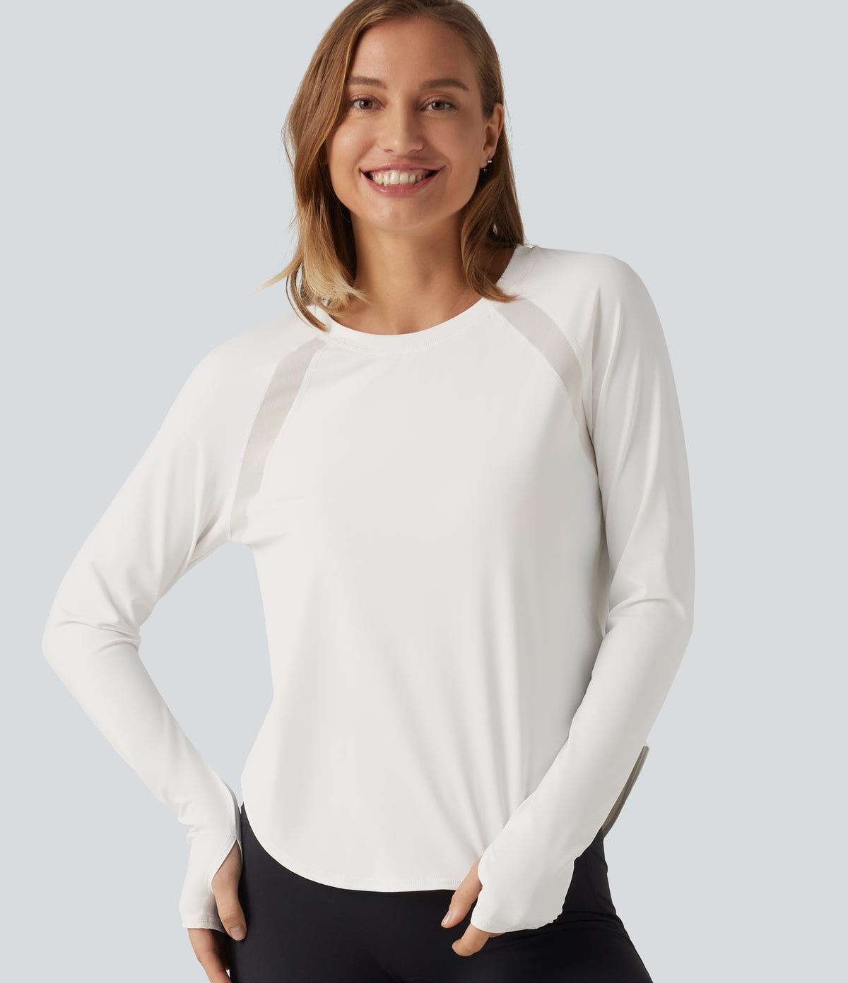 QuickDry Round Neck Long Sleeve Contrast Mesh Thumb Hole Running Sports Top — White — view 1
